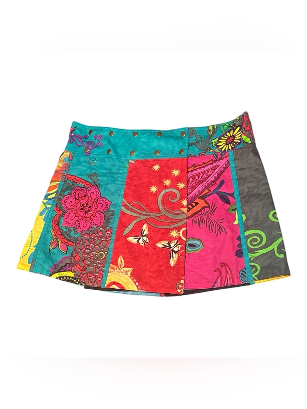 Boho reservable Multicolor Patchwork Mini Wrap Skirt Adjustable snaps S-XL